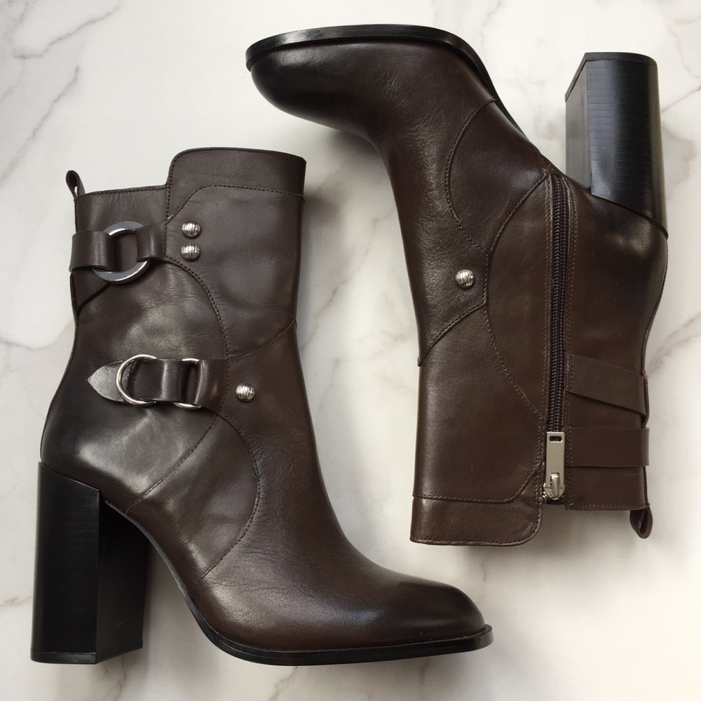 Zara Dark Brown Leather Block Heel Ankle Boots